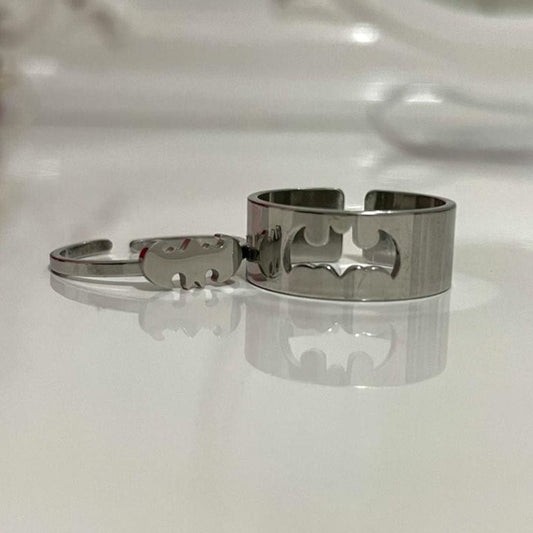 Silver Batman couple rings with bat symbol cut-outs, DC fan gift - Beads by Nia