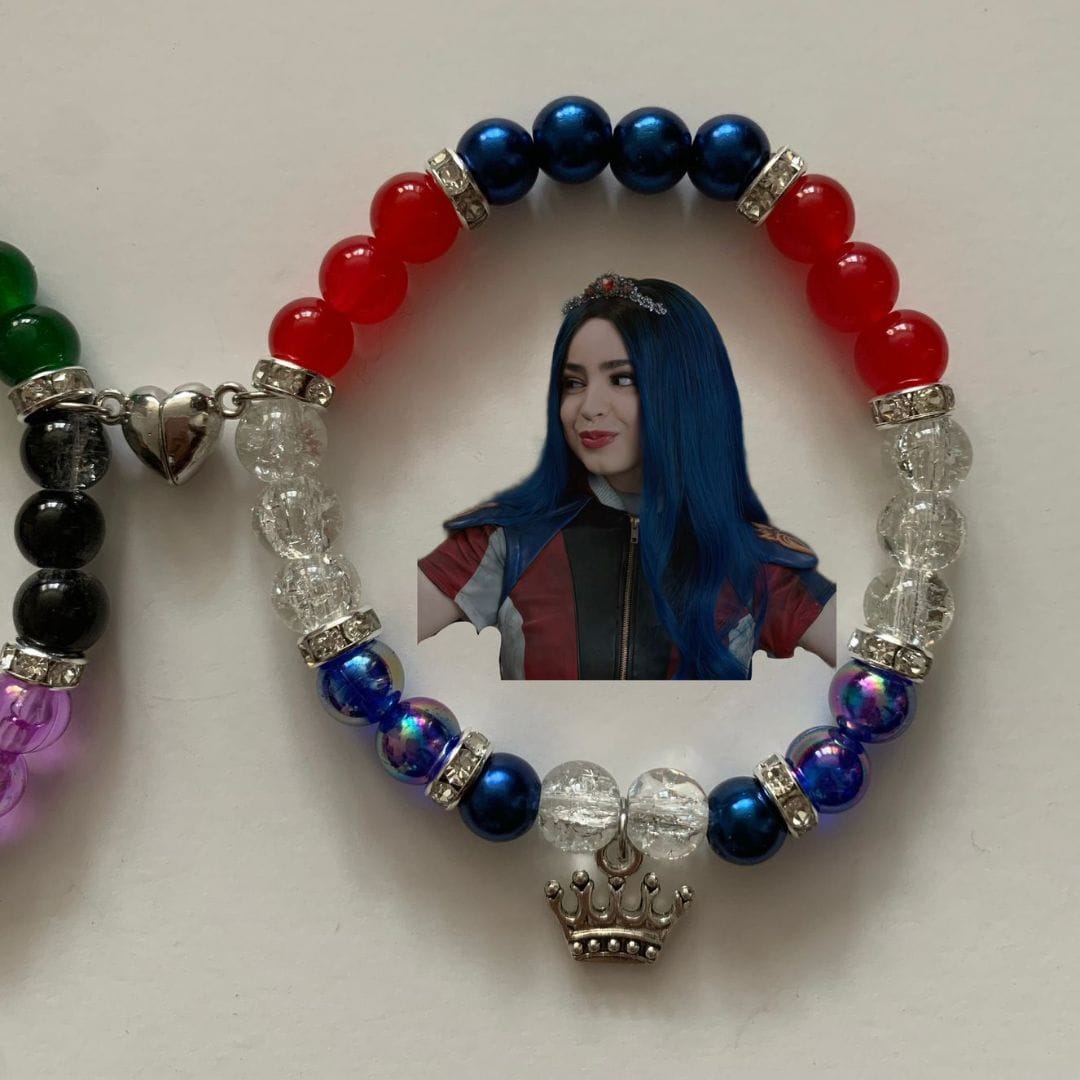 Evie bracelet in blue and red beads with character art and crown charm - Beads by Nia
