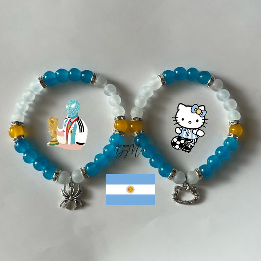 Argentina themed Hello Kitty and Spiderman bracelets with trophy art - Beads by Nia