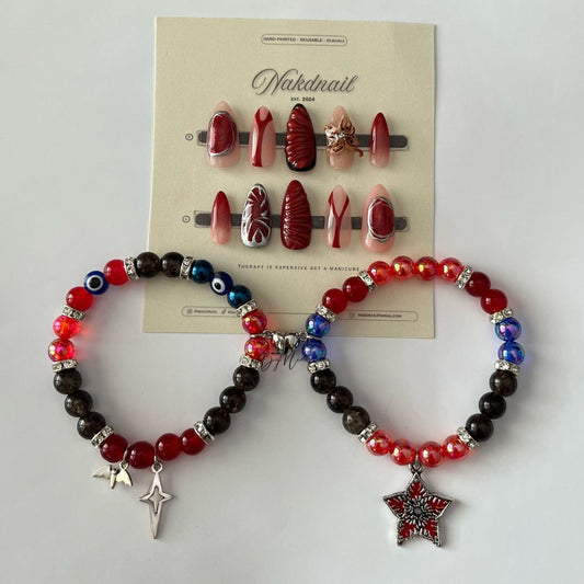 Stranger Things matching bracelets with press-on nail set in red and black - Beads by Nia