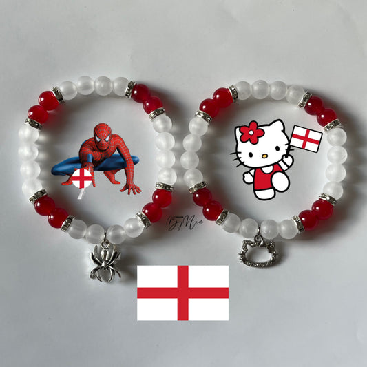 England themed Spiderman and Hello Kitty bracelets with St George flag art - Beads by Nia