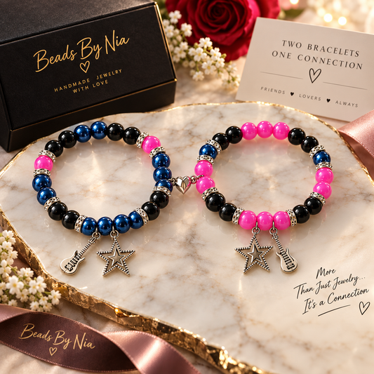 TV Girl matching bracelets on marble with roses and Beads by Nia packaging
