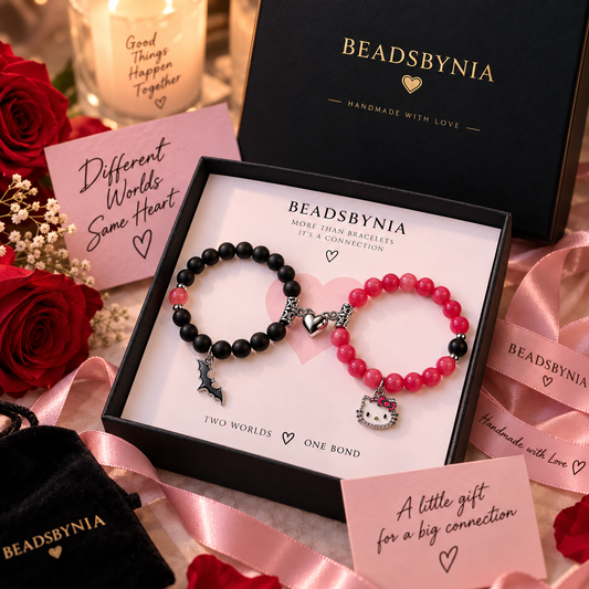 Hello Kitty x Batman bracelet set in a black Beads by Nia gift box with pink cards