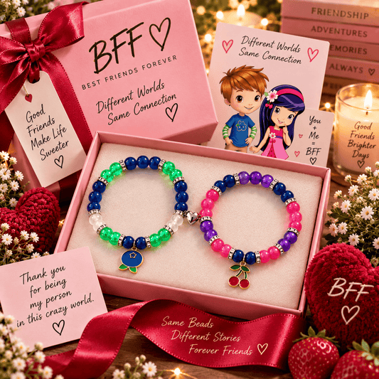 Huckleberry and Cherry Jam BFF bracelets in a pink gift box with character art - Beads by Nia