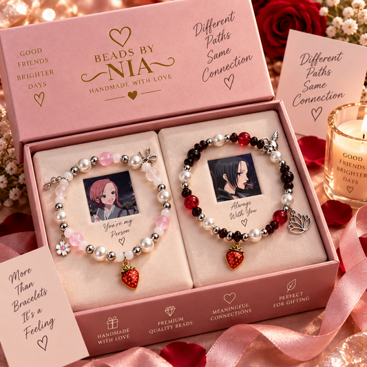 Nana and Hachi matching bracelet set in a pink Beads by Nia gift box with photo charms