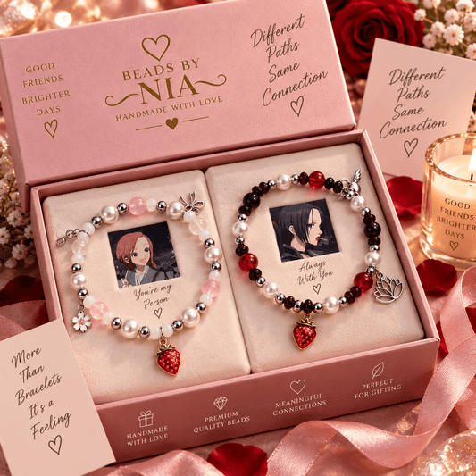 Nana and Hachi matching bracelet set in a pink Beads by Nia gift box with photo charms