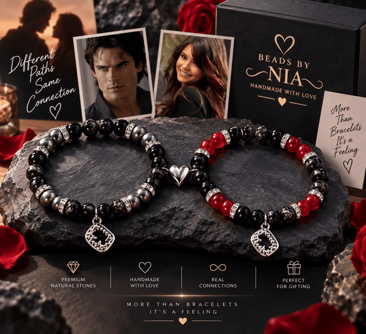 Damon and Elena bracelet pair on dark stone with photo charms and crest pendants - Beads by Nia