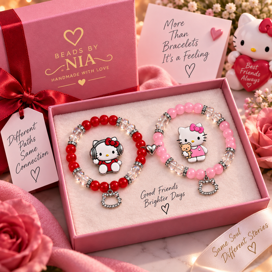 Hello Kitty red and pink bracelets presented in a pink gift box with cards - Beads by Nia