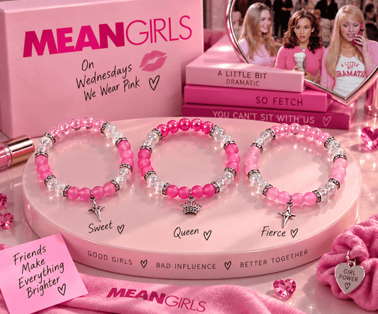 Mean Girls matching bracelet gift set of three handmade pink beaded bracelets on a pink tray - Beads by Nia