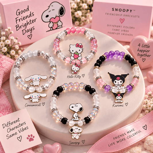 Sanrio bracelet set of four on a display stand with character cards - Beads by Nia