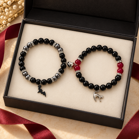 Batman and Catwoman bracelet set presented in a black gift box - Beads by Nia