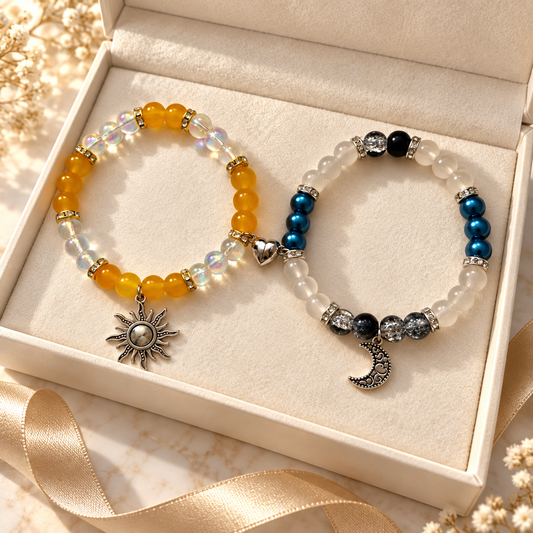 Sun and moon matching bracelets in a cream gift box with ribbon - Beads by Nia