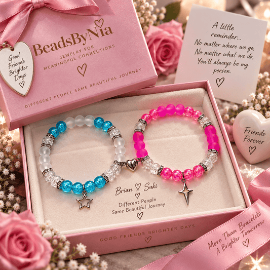 Brian and Suki bracelet set in a pink Beads by Nia gift box with roses