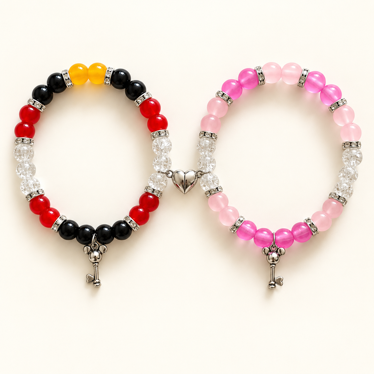 Mickey and Minnie beaded bracelet pair with matching silver key charms - Beads by Nia