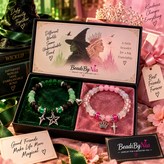 Wicked Elphaba and Glinda bracelet set in a gift box with star charms - Beads by Nia