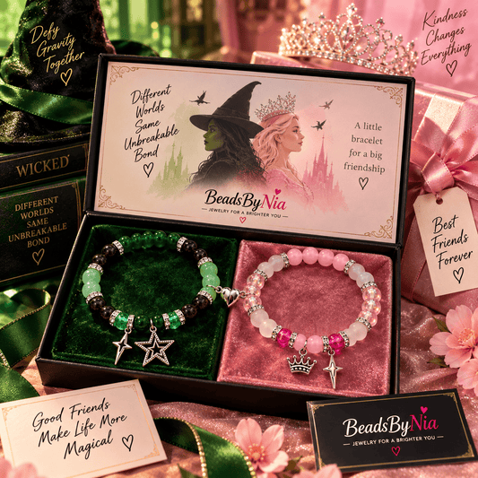 Wicked Elphaba and Glinda bracelet set in a gift box with star charms - Beads by Nia