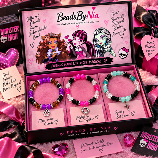 Monster High bracelet trio in a gift box with character art and charms - Beads by Nia