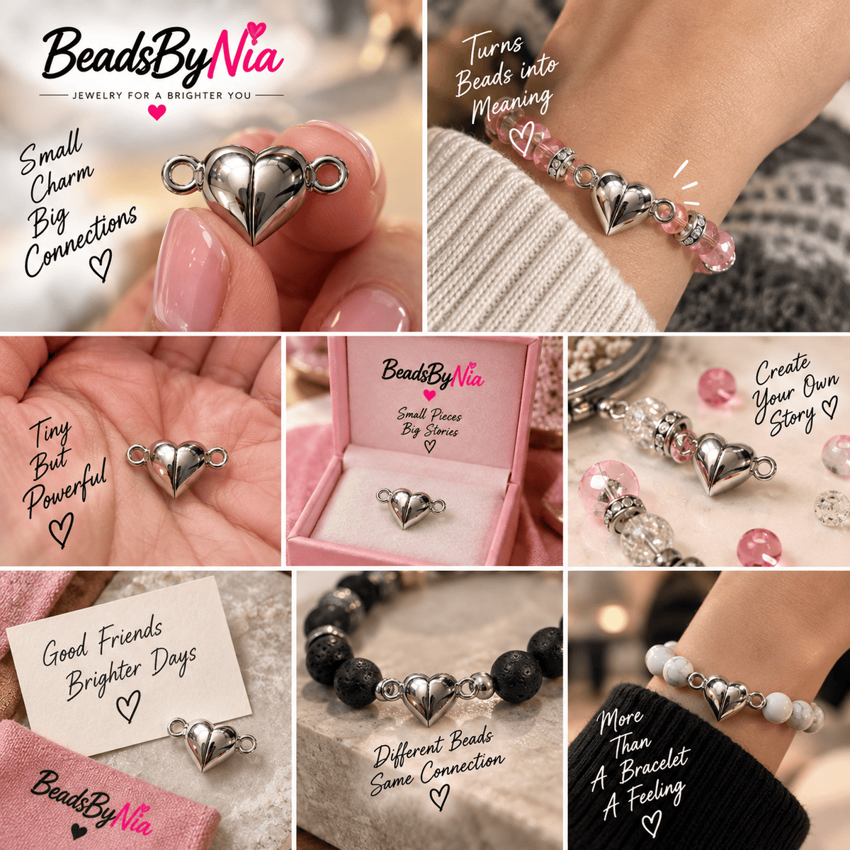 Silver heart magnet clasp shown in hand and joining matching bracelets - Beads by Nia