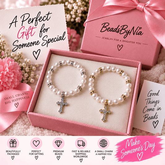 Two pearl cross bracelets in a pink gift box, a perfect faith gift - Beads by Nia