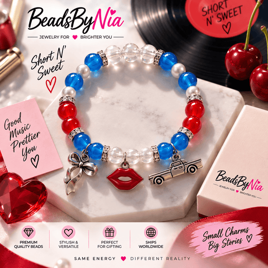 Short n Sweet beaded bracelet on a vinyl record with cherries - Beads by Nia
