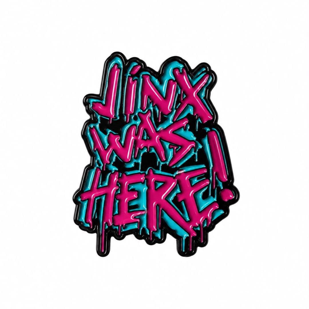 Jinx Was Here enamel pin in pink and blue graffiti lettering, Arcane fan pin - Beads by Nia