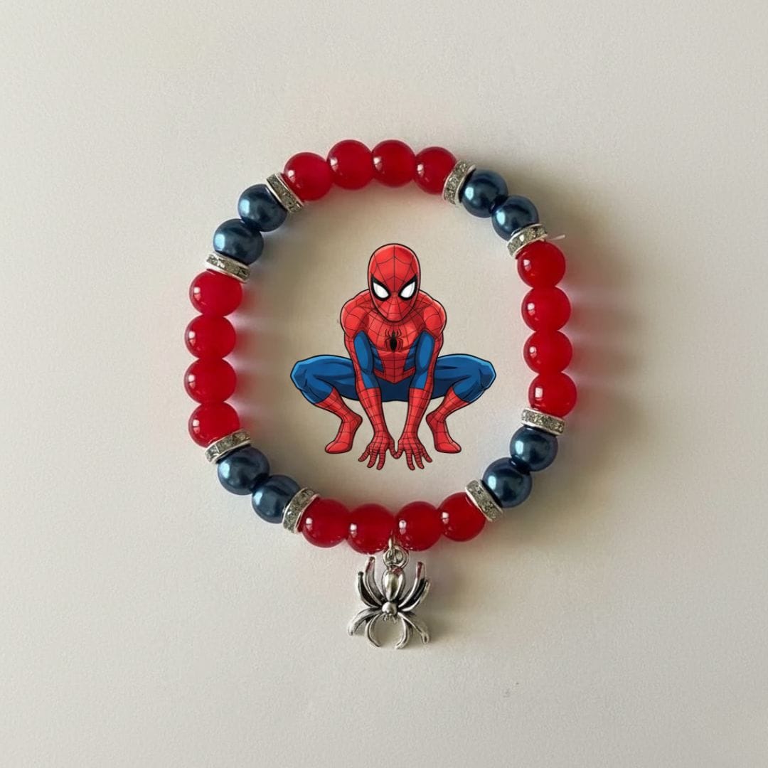 Spiderman bracelet in red and blue beads with character art and silver spider charm - Beads by Nia