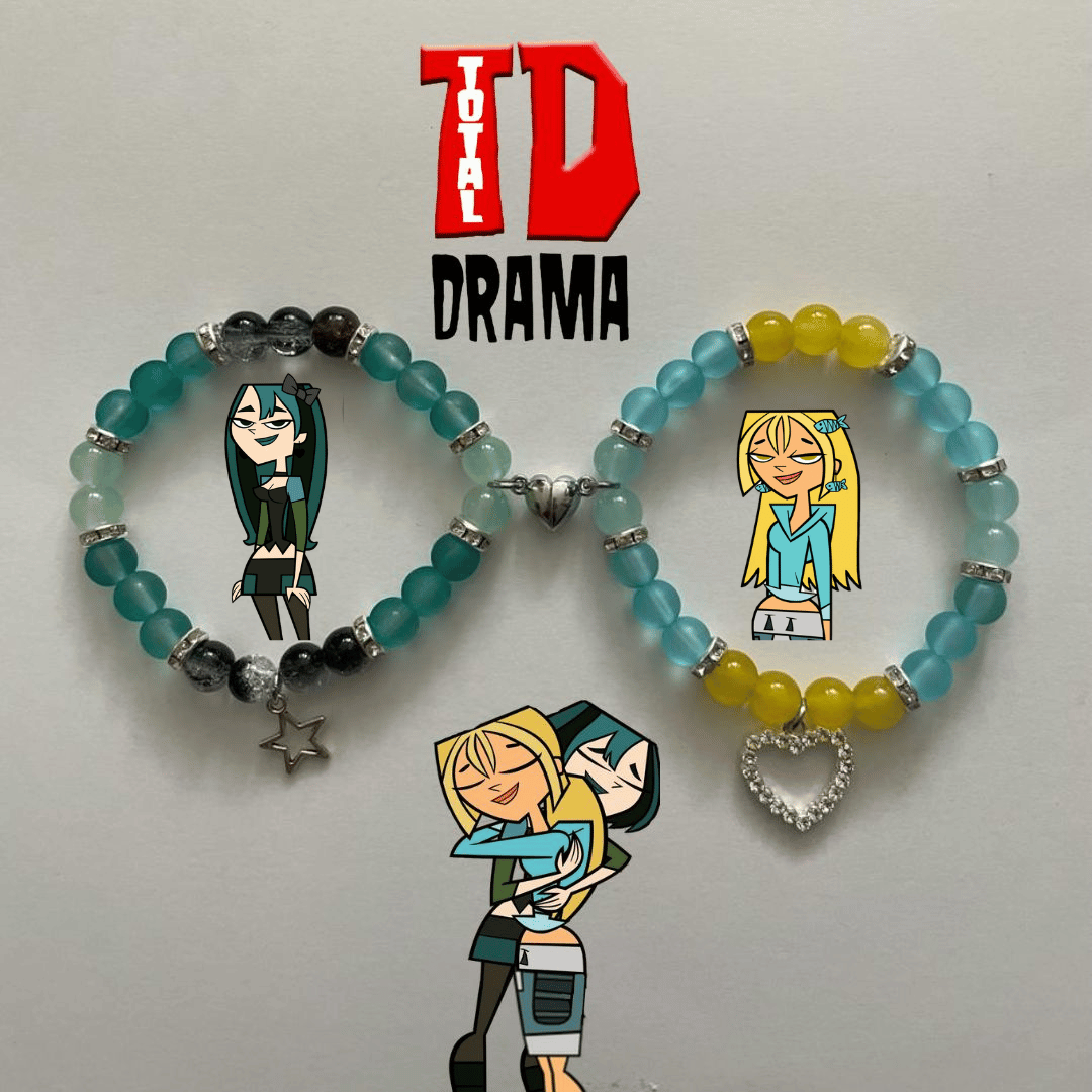 Gwen and Bridgette teal and blue bracelets with character art and star and heart charms