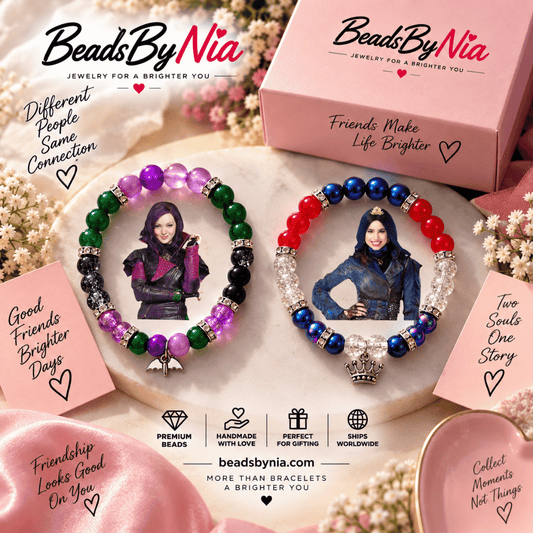 Mal and Evie beaded bracelets with crown charms and best friends cards - Beads by Nia