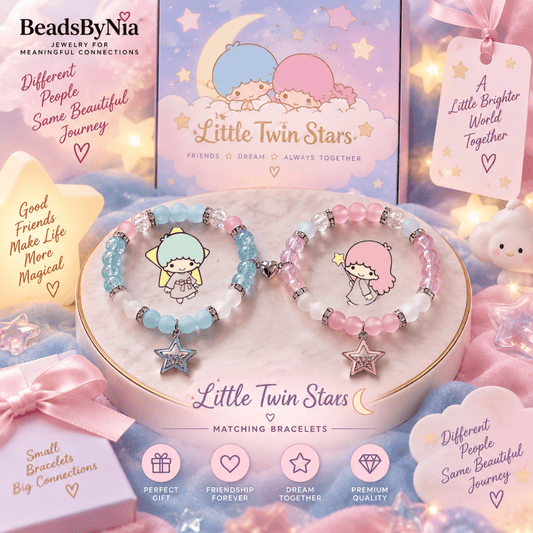 Little Twin Stars Kiki and Lala bracelets on a cream display with star charms - Beads by Nia