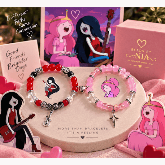 Marceline and Bubblegum bracelet set on a pink display with character cards - Beads by Nia
