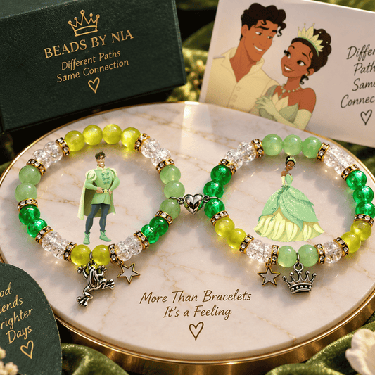 Tiana and Naveen beaded bracelets with frog and gown charms on gold - Beads by Nia