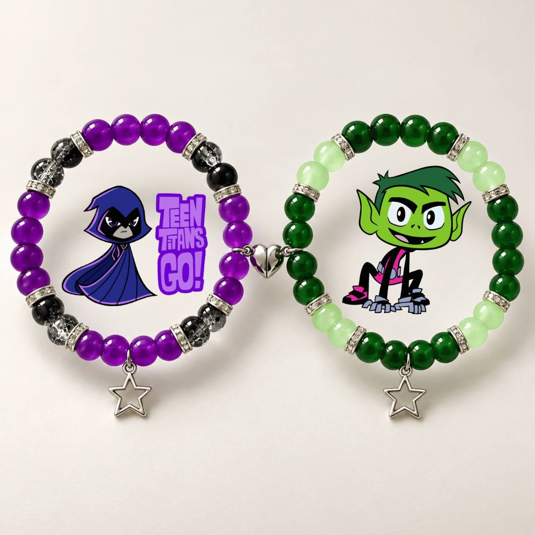 Purple Raven and green Beast Boy bracelets with character art and stars - Beads by Nia