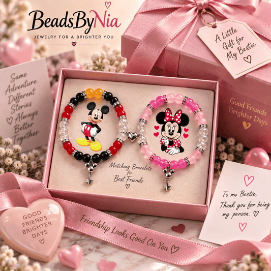 Mickey and Minnie beaded bracelets gift boxed with a pink ribbon and cards - Beads by Nia