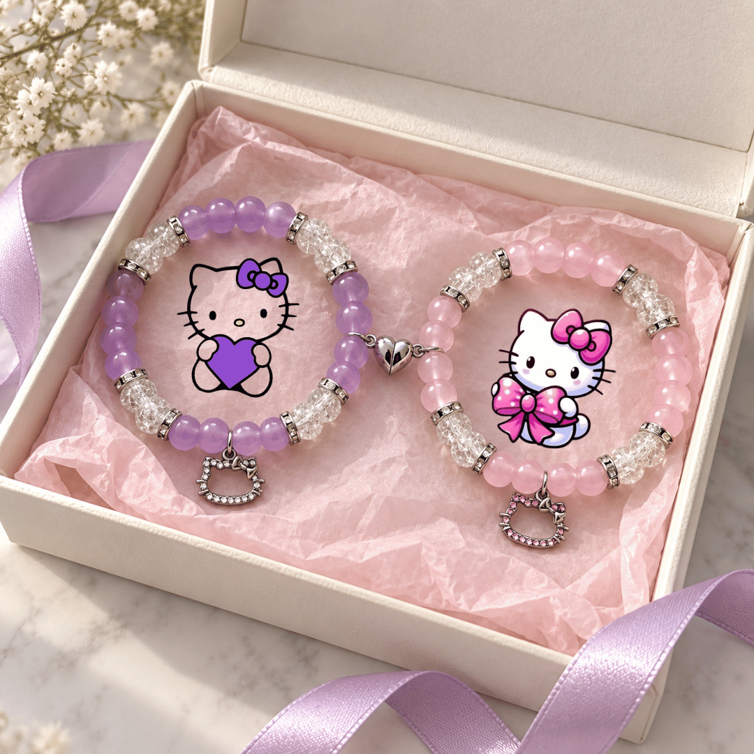 Purple and pink Hello Kitty bracelets in a white gift box with lilac ribbon - Beads by Nia