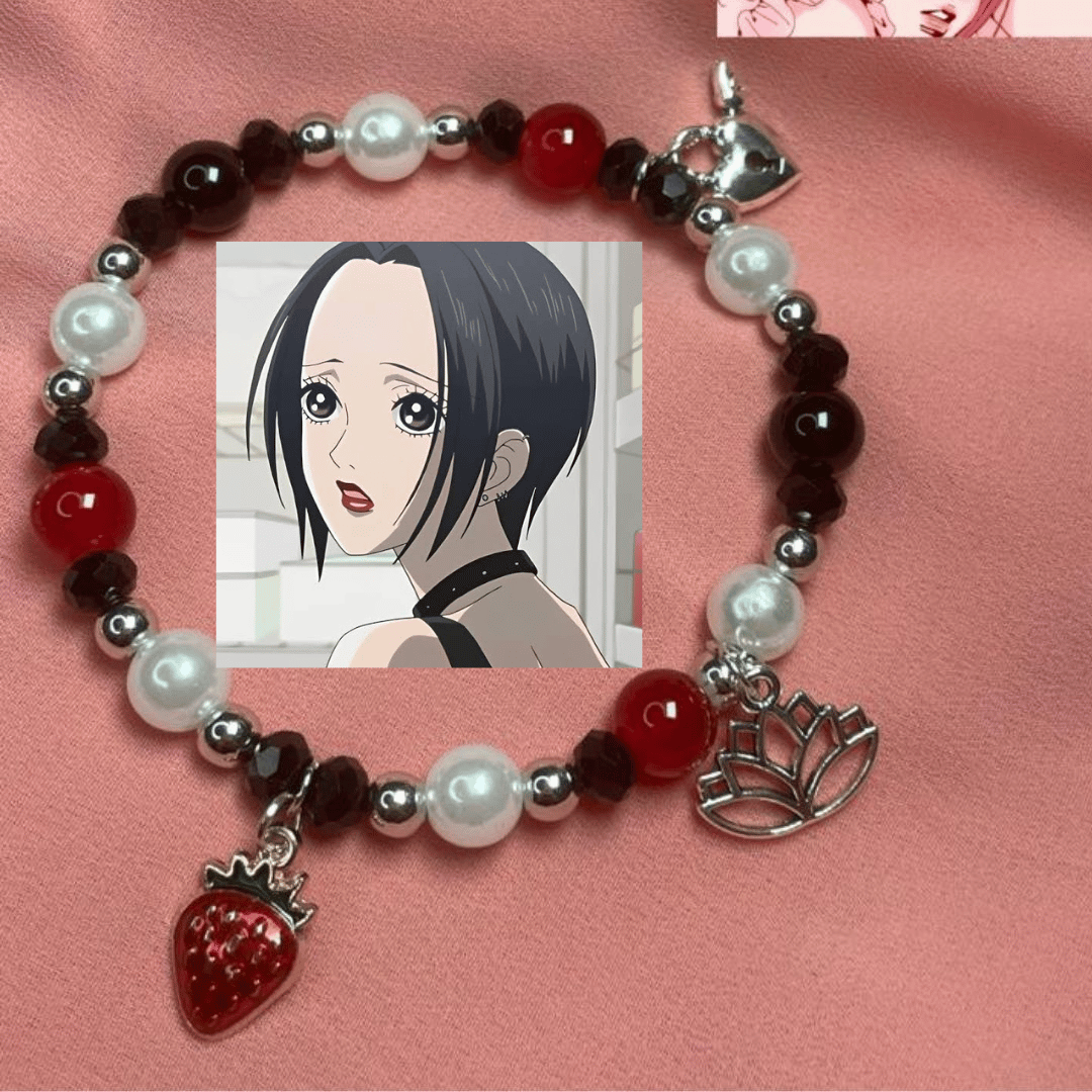 Nana bracelet in red, black and pearl with anime photo card and strawberry charm