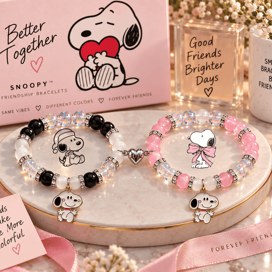 Snoopy matching bracelets on a cream stand with Better Together cards - Beads by Nia