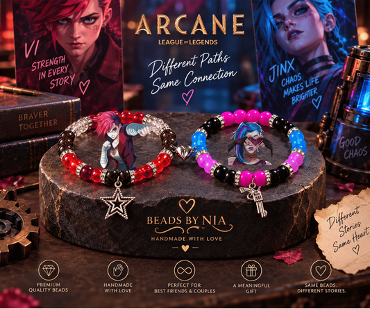 Jinx and Vi bracelets on a wooden stand with Arcane character artwork - Beads by Nia