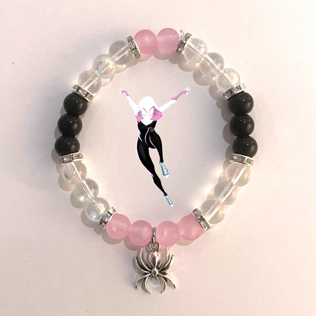 Gwen Stacy bracelet in pink, black and clear beads with a silver spider charm - Beads by Nia