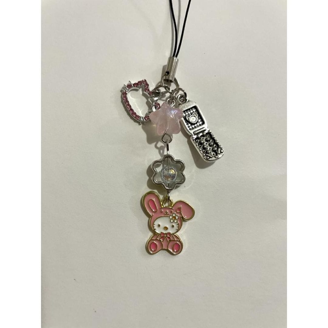 Hello Kitty phone charm with pink beads and a My Melody bunny pendant - Beads by Nia