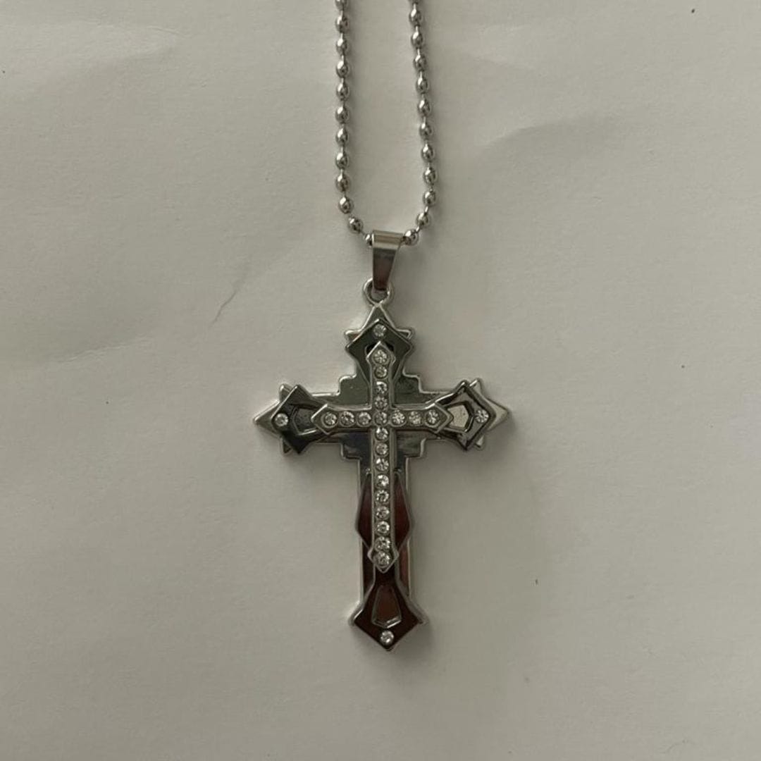 Silver cross pendant necklace with crystal detail on a ball chain - Beads by Nia