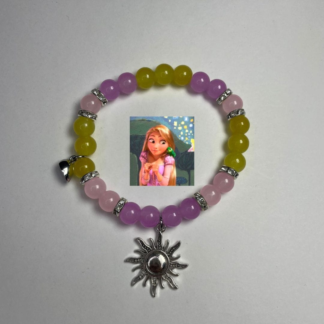Rapunzel bracelet in purple and green beads with photo charm and silver sun - Beads by Nia