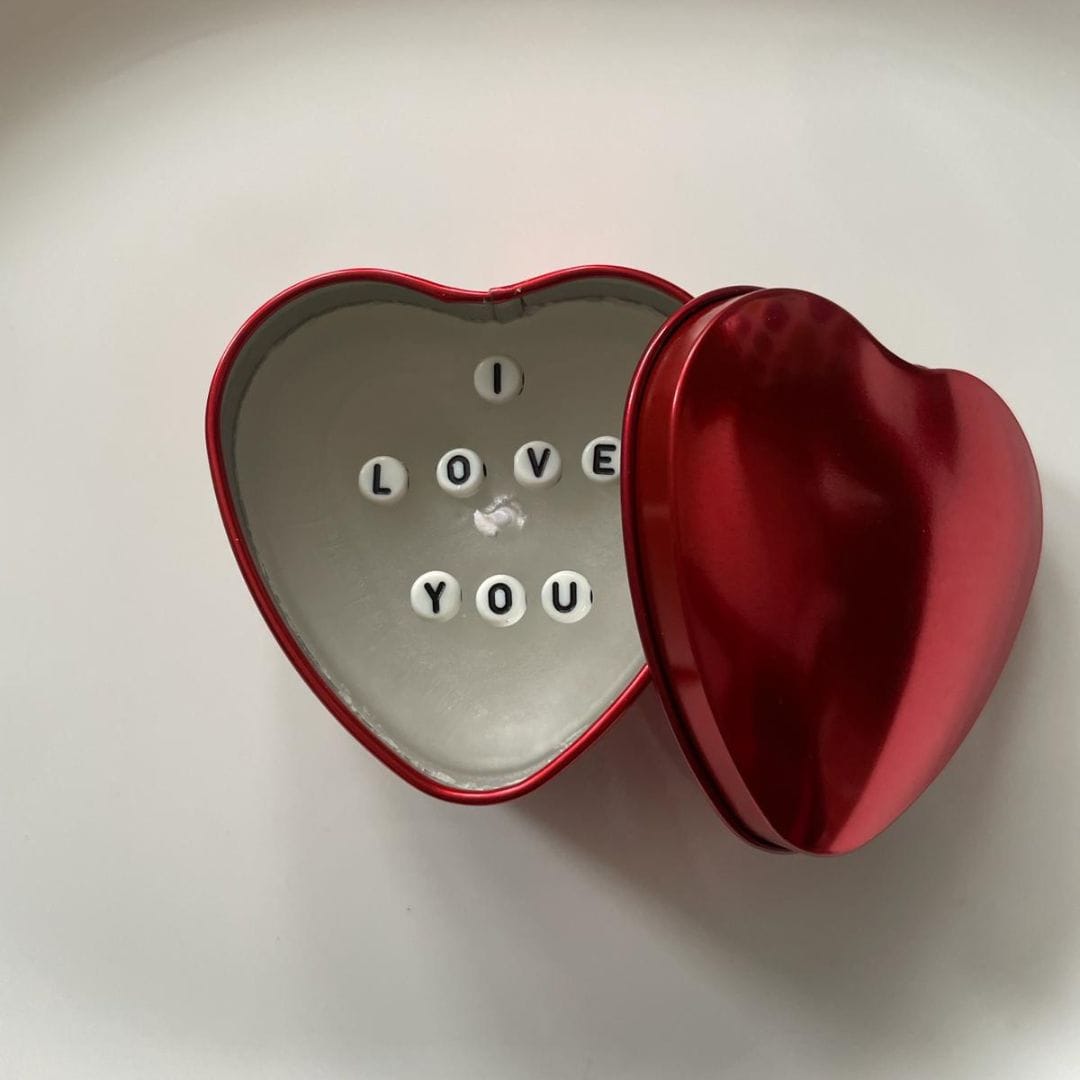 Red heart tin secret message candle spelling I LOVE YOU in letter beads, romantic gift - Beads by Nia