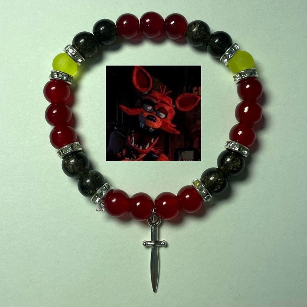 Foxy FNAF bracelet in red, green and black beads with silver hook charm - Beads by Nia