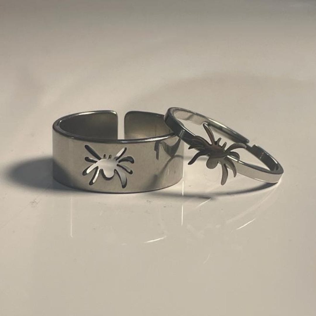 Spiderman couple rings in silver showing both spider band designs - Beads by Nia