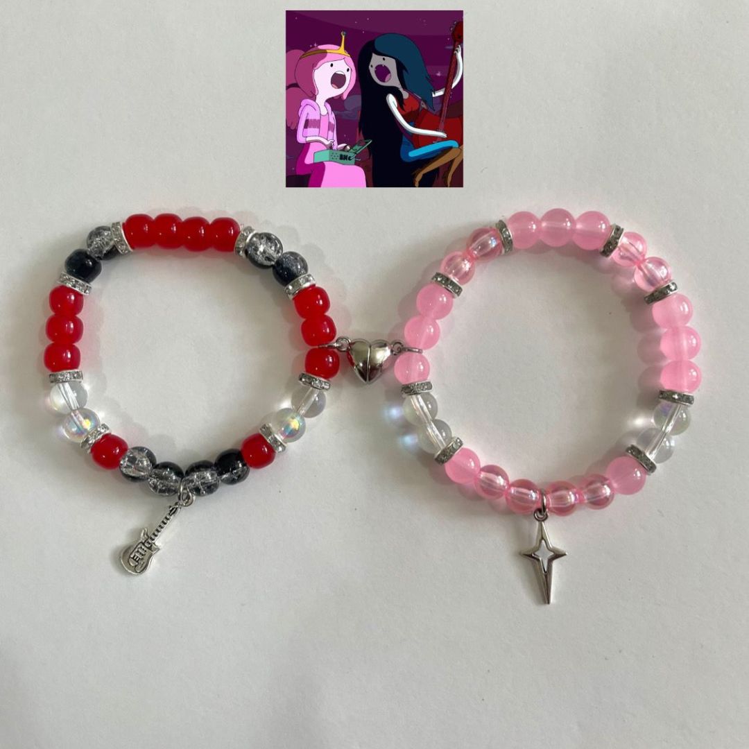 Adventure Time matching bracelets in red and pink with axe bass and star charms - Beads by Nia