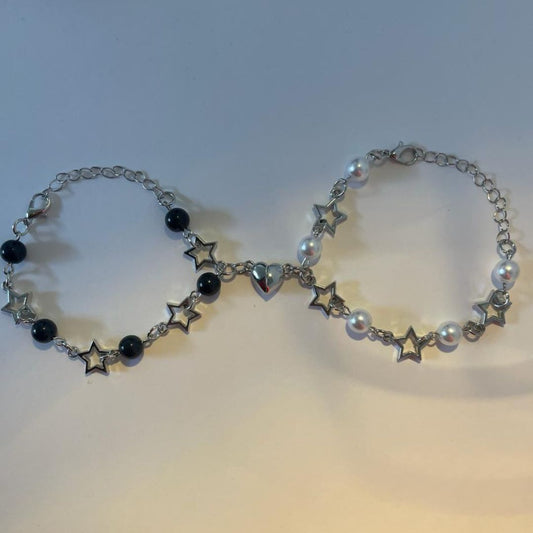 Arctic Monkeys matching bracelets with silver star links, black and pearl beads - Beads by Nia
