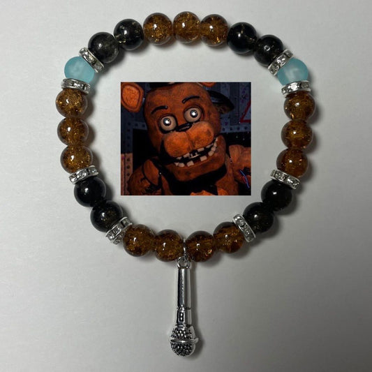 Freddy Fazbear bracelet in brown and black beads with silver microphone charm - Beads by Nia