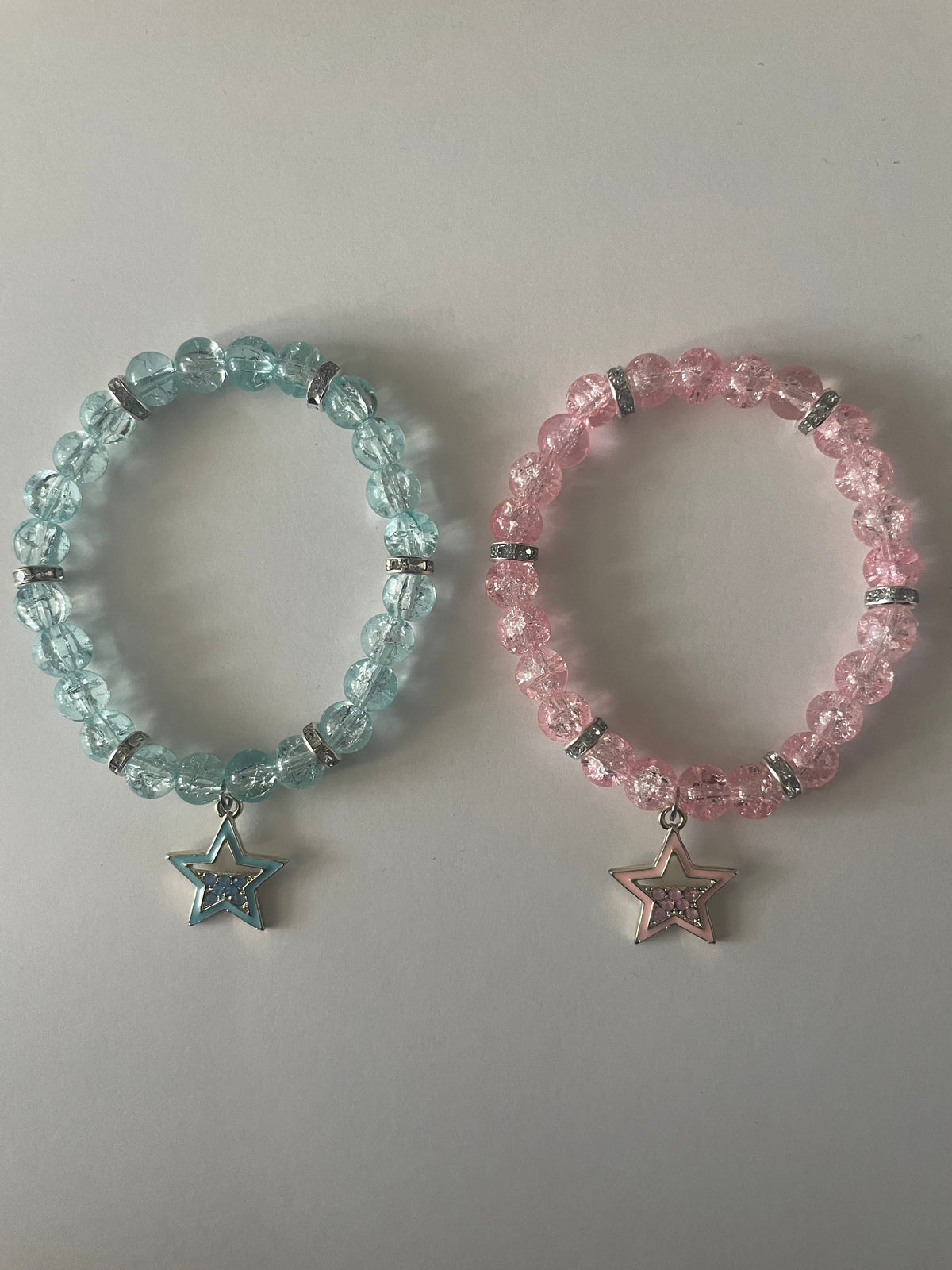 Pastel blue and pink crackle bead bracelets with silver star charms - Beads by Nia