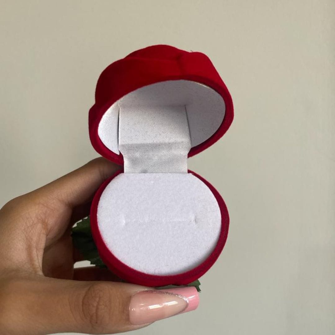 Open red velvet rose ring box showing the white ring insert - Beads by Nia