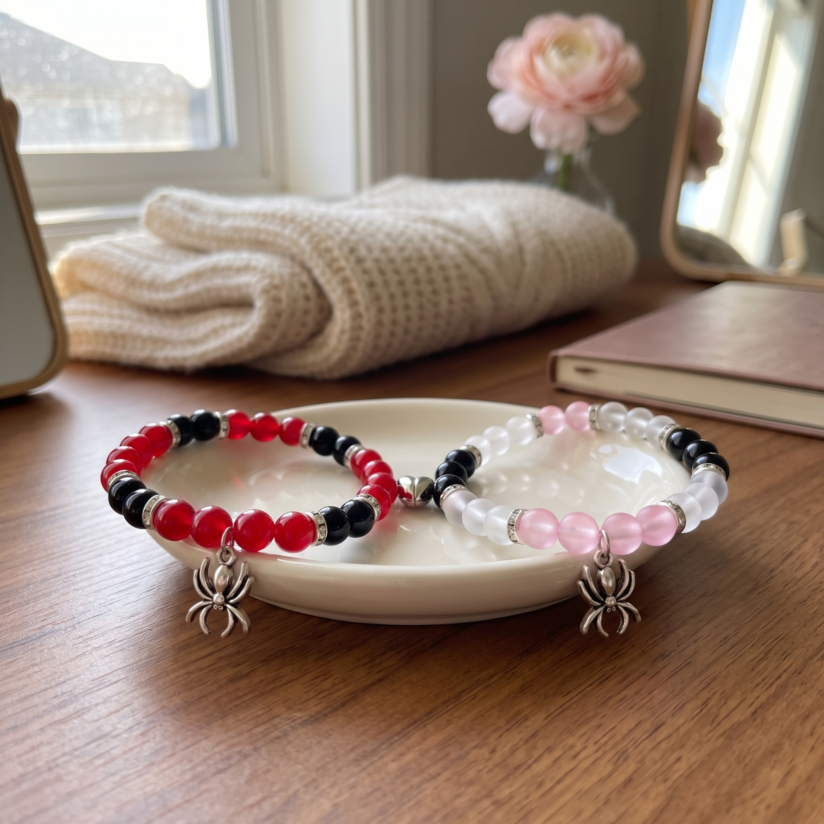 Spider-Verse couples bracelets in a dish on a bedside table - Beads by Nia